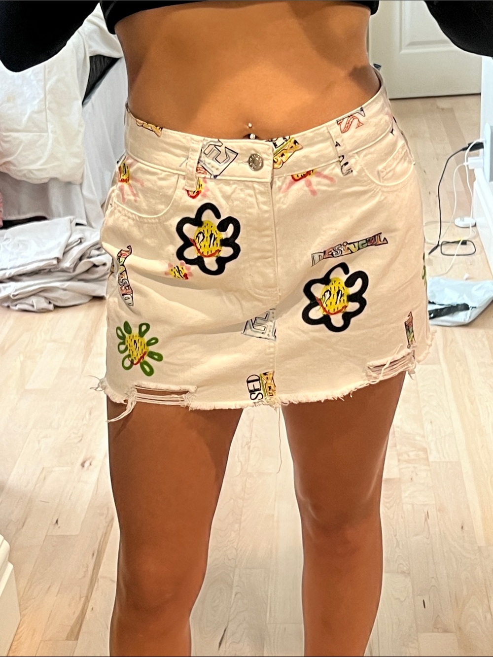 Desigual White Mini Skirt with Colorful Floral Graphics